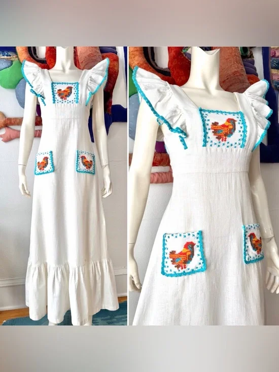 Vintage YOUNG EDWARDIAN DRESS Pinafore Ruffles Embroidered Birds 1970s Boho XS/S - Picture 2 of 11